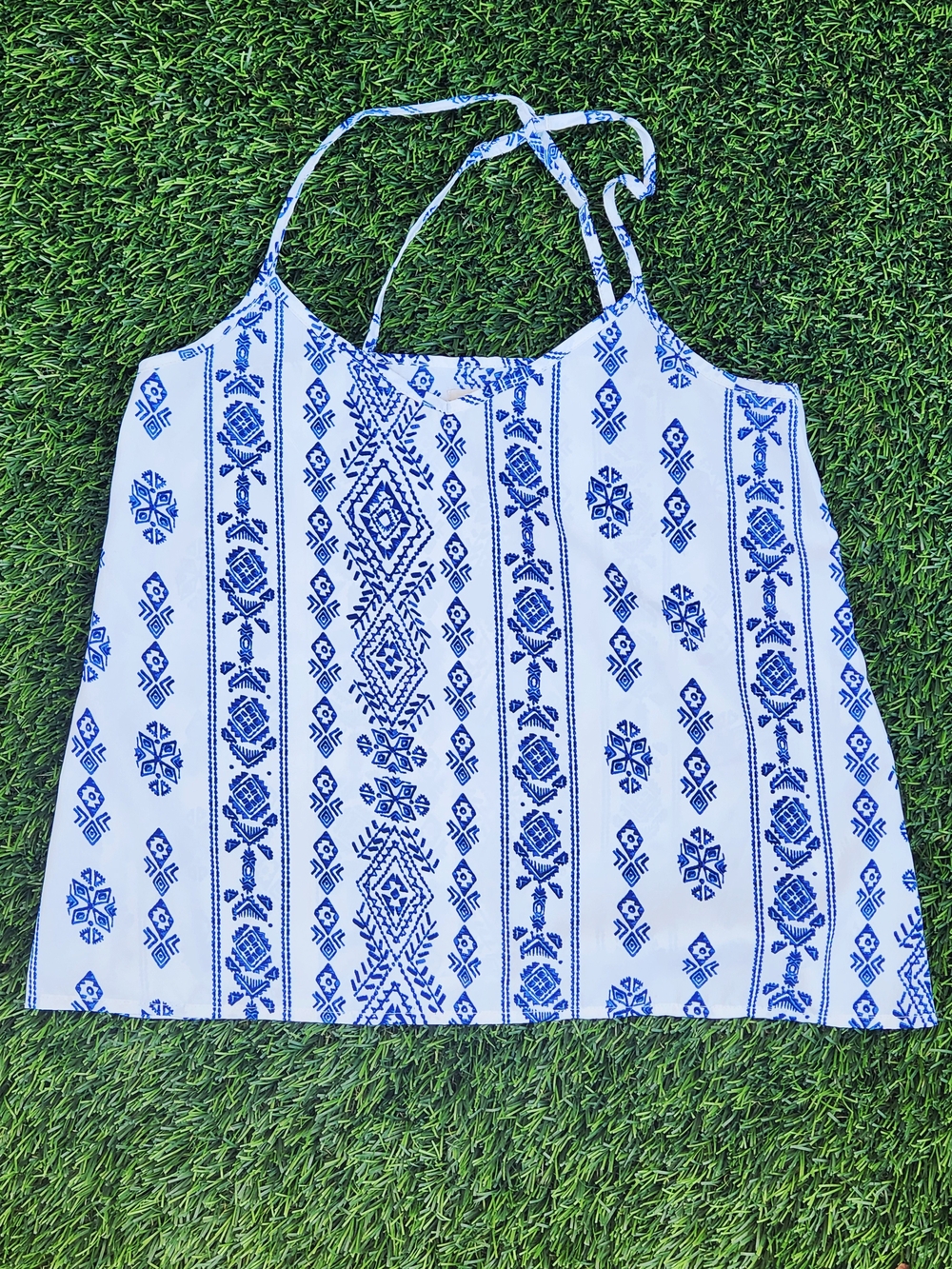 Hollister White Tank Top with Blue Geometric Embroidery